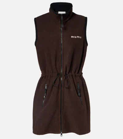 Miu Miu Mini Dress With Drawstring Waist And High Collar In Brown