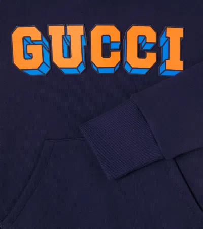 Gucci Logo Cotton Hoodie In Blue