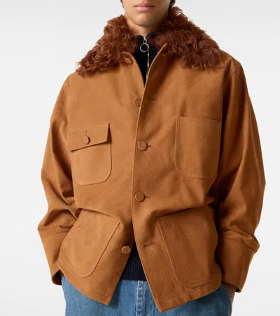 Plan C Shearling-trimmed Suede Field Jacket In Brown