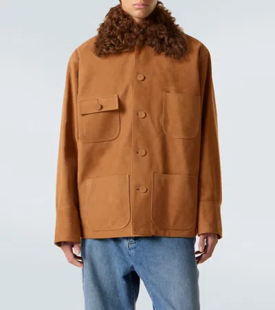 Plan C Shearling-trimmed Suede Field Jacket In Brown