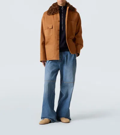 Plan C Shearling-trimmed Suede Field Jacket In Brown