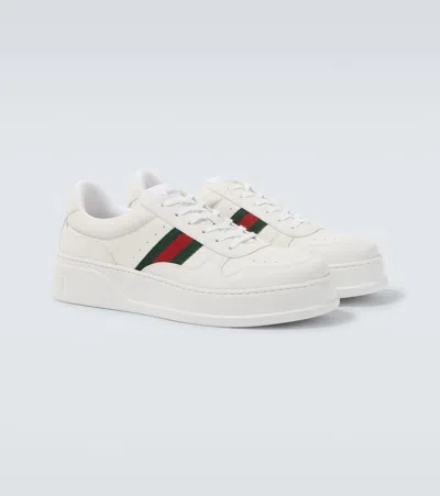Gucci Men White Sneakers With Web Detail And Oversized Sole In Leather Man In White
