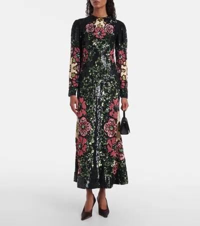 La Doublej Sequin-embroidery Floral-pattern Maxi Dress In Black