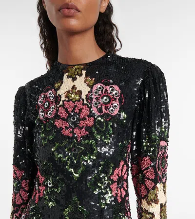 La Doublej Sequin-embroidery Floral-pattern Maxi Dress In Black