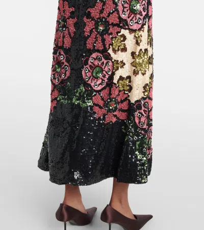 La Doublej Sequin-embroidery Floral-pattern Maxi Dress In Black
