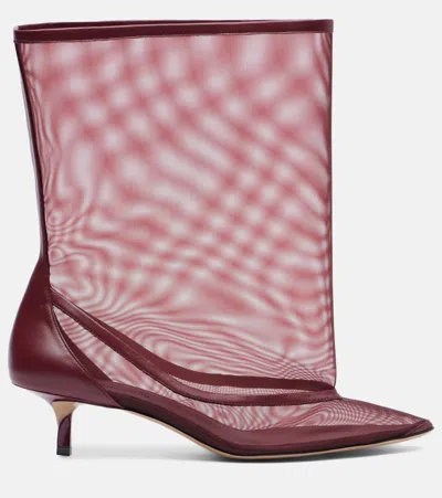 Jacquemus Mid-calf Stiletto Boots Mesh Overlay In Burgundy