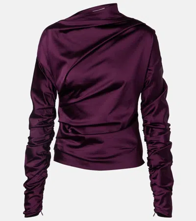 Ganni Satin Blouse With Draped Detail And High Neck In Burgundy