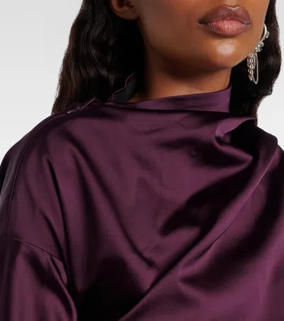 Ganni Satin Blouse With Draped Detail And High Neck In Burgundy