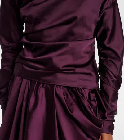 Ganni Satin Blouse With Draped Detail And High Neck In Burgundy