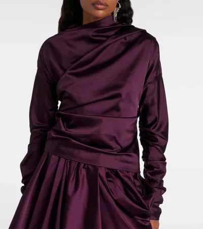 Ganni Satin Blouse With Draped Detail And High Neck In Burgundy