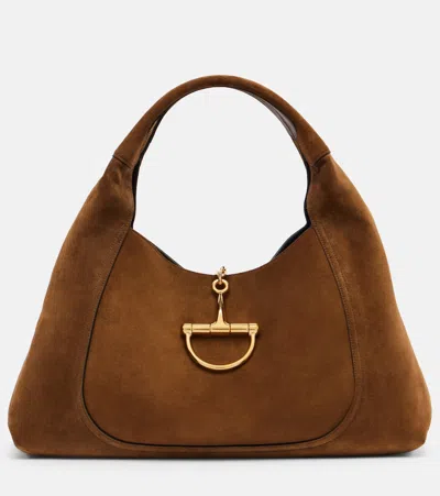 Gucci Softbit Maxi Suede Shoulder Bag In Brown
