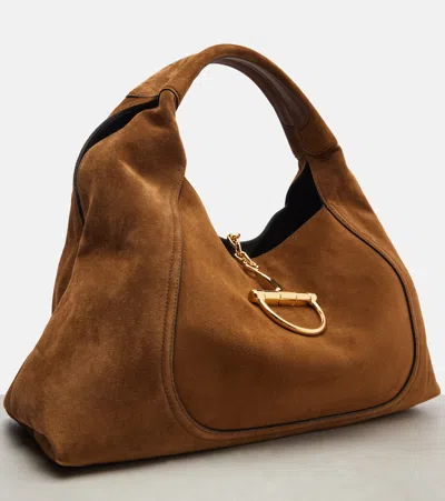 Gucci Softbit Maxi Suede Shoulder Bag In Brown