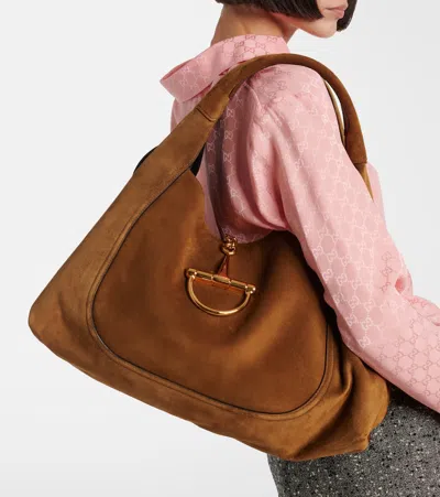 Gucci Softbit Maxi Suede Shoulder Bag In Brown
