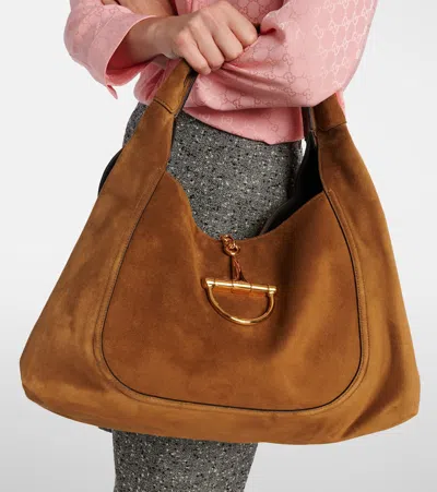 Gucci Softbit Maxi Suede Shoulder Bag In Brown
