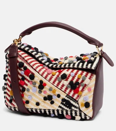 Loewe Puzzle Small Leather-trimmed Embroidered Canvas Shoulder Bag In Multi