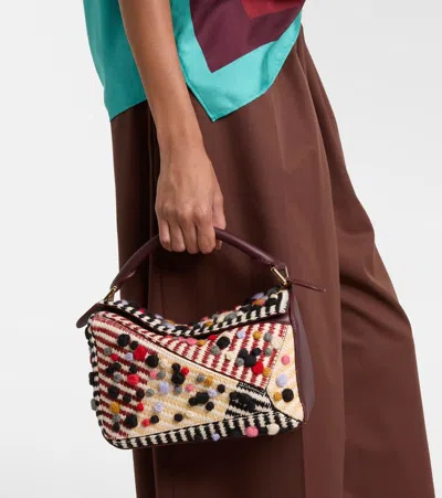 Loewe Puzzle Small Leather-trimmed Embroidered Canvas Shoulder Bag In Multi