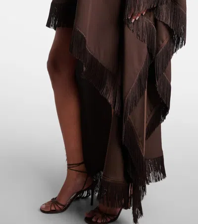 Taller Marmo New Age Fringed Asymmetric Satin Kaftan In Brown