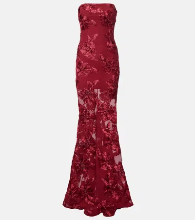 Rotate Birger Christensen Floral-appliqué Mesh Gown In Burgundy