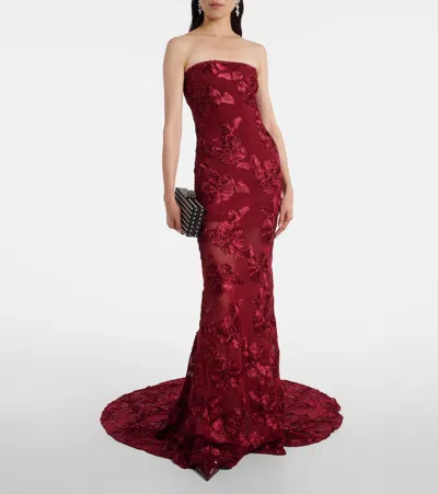 Rotate Birger Christensen Floral-appliqué Mesh Gown In Burgundy