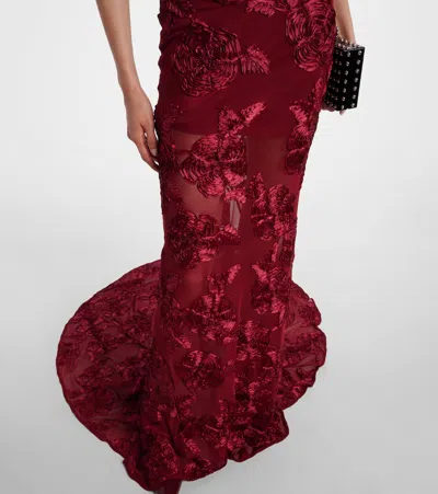 Rotate Birger Christensen Floral-appliqué Mesh Gown In Burgundy
