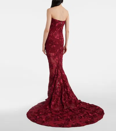 Rotate Birger Christensen Floral-appliqué Mesh Gown In Burgundy