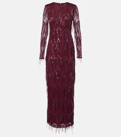 Rotate Birger Christensen Fringed Sequined Mesh Gown In Burgundy