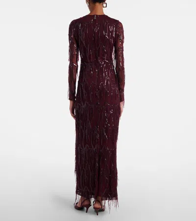 Rotate Birger Christensen Fringed Sequined Mesh Gown In Burgundy