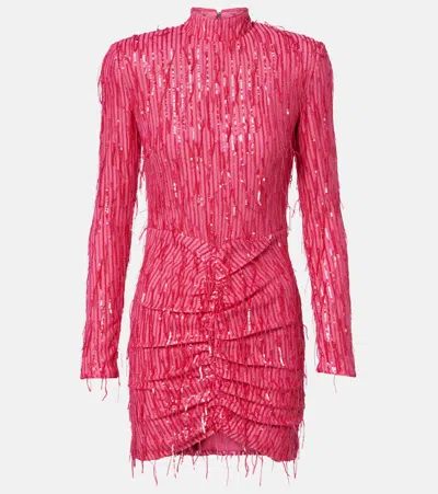 Rotate Birger Christensen Fringed Ruched Sequined Mesh Minidress In Pink