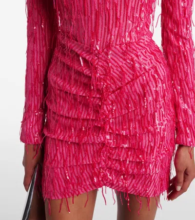 Rotate Birger Christensen Fringed Ruched Sequined Mesh Minidress In Pink