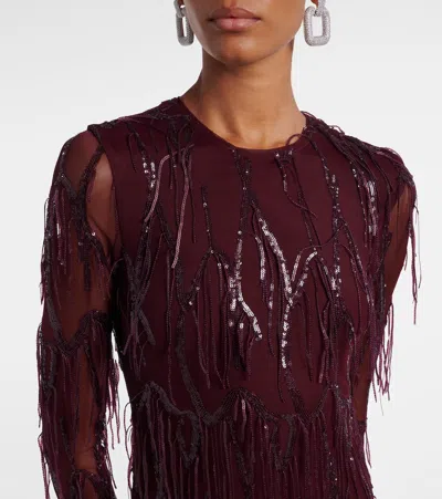 Rotate Birger Christensen Fringed Sequined Mesh Gown In Burgundy