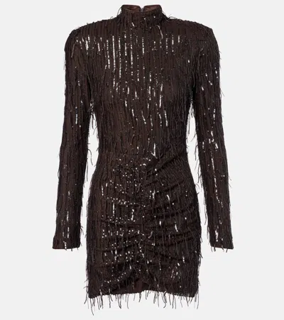 Rotate Birger Christensen Fringed Ruched Sequined Mesh Minidress In Brown