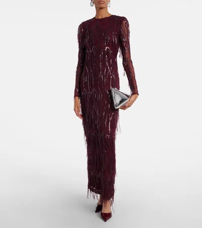 Rotate Birger Christensen Fringed Sequined Mesh Gown In Burgundy