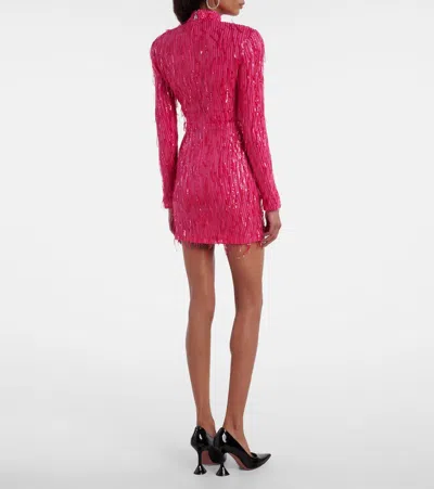 Rotate Birger Christensen Fringed Ruched Sequined Mesh Minidress In Pink