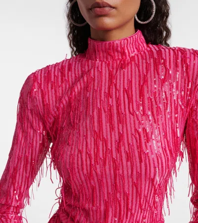Rotate Birger Christensen Fringed Ruched Sequined Mesh Minidress In Pink