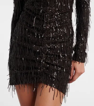 Rotate Birger Christensen Fringed Ruched Sequined Mesh Minidress In Brown
