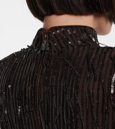 Rotate Birger Christensen Fringed Ruched Sequined Mesh Minidress In Brown