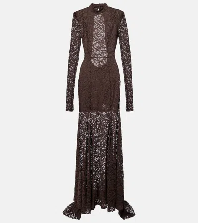 Rotate Birger Christensen Open-back Floral Lace Gown In Brown
