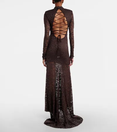 Rotate Birger Christensen Open-back Floral Lace Gown In Brown