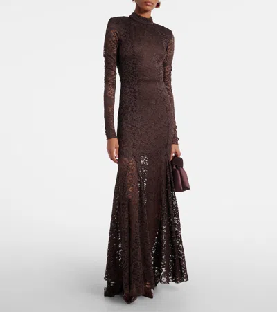 Rotate Birger Christensen Open-back Floral Lace Gown In Brown