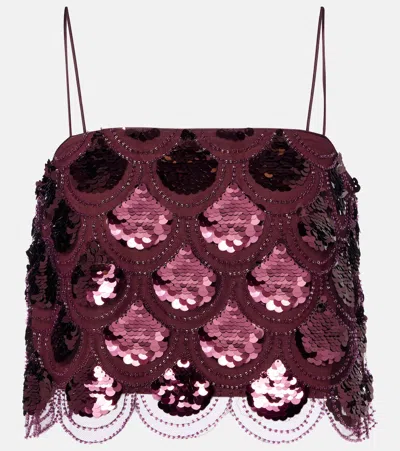 Rotate Birger Christensen Embellished Mesh Crop Top In Burgundy