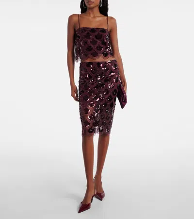 Rotate Birger Christensen Embellished Mesh Crop Top In Burgundy