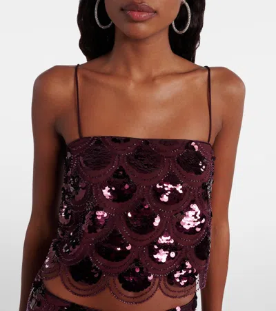 Rotate Birger Christensen Embellished Mesh Crop Top In Burgundy