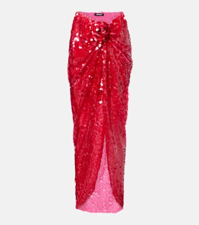 Rotate Birger Christensen Asymmetric Gathered Sequined Maxi Skirt In Red