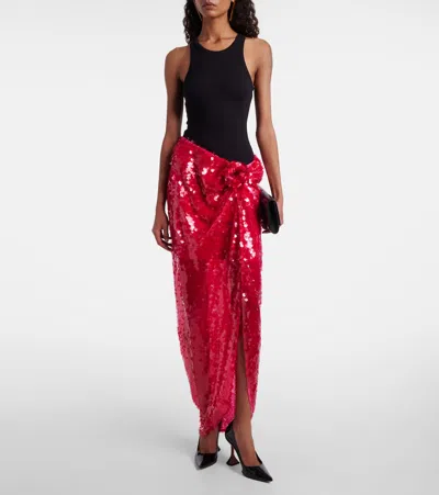 Rotate Birger Christensen Asymmetric Gathered Sequined Maxi Skirt In Red