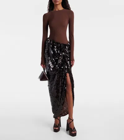 Rotate Birger Christensen Asymmetric Gathered Sequined Maxi Skirt In Black
