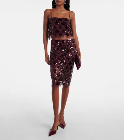 Rotate Birger Christensen Embellished Mesh Midi Skirt In Burgundy