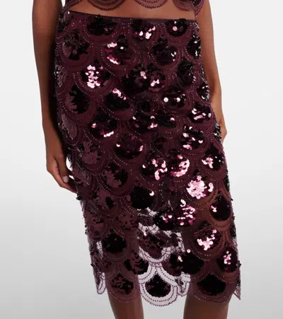 Rotate Birger Christensen Embellished Mesh Midi Skirt In Burgundy
