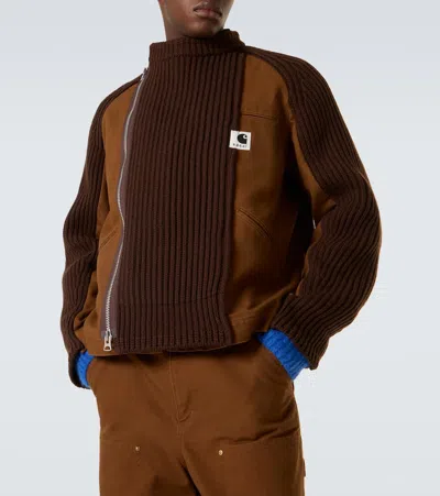 Sacai Men S Carhartt Wip Washed Duck X Wool Knit Blouson In Brown