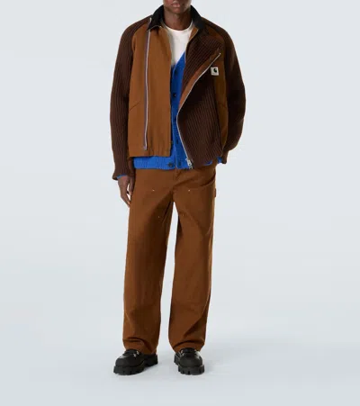 Sacai Men S Carhartt Wip Washed Duck X Wool Knit Blouson In Brown