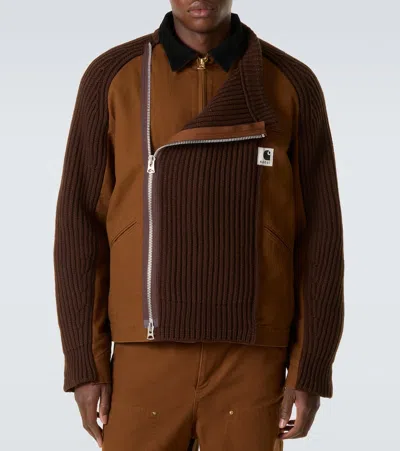 Sacai Men S Carhartt Wip Washed Duck X Wool Knit Blouson In Brown